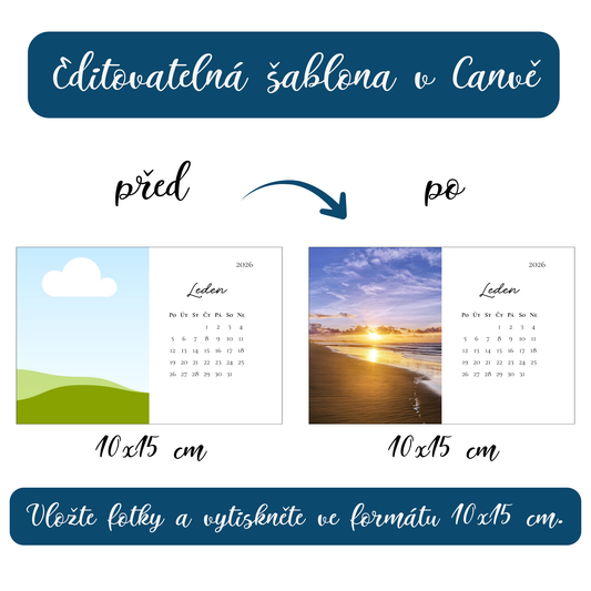 Stolní měsíční fotokalendář 2026 se stojánkem, fotky 10x15 cm - editovatelná šablona